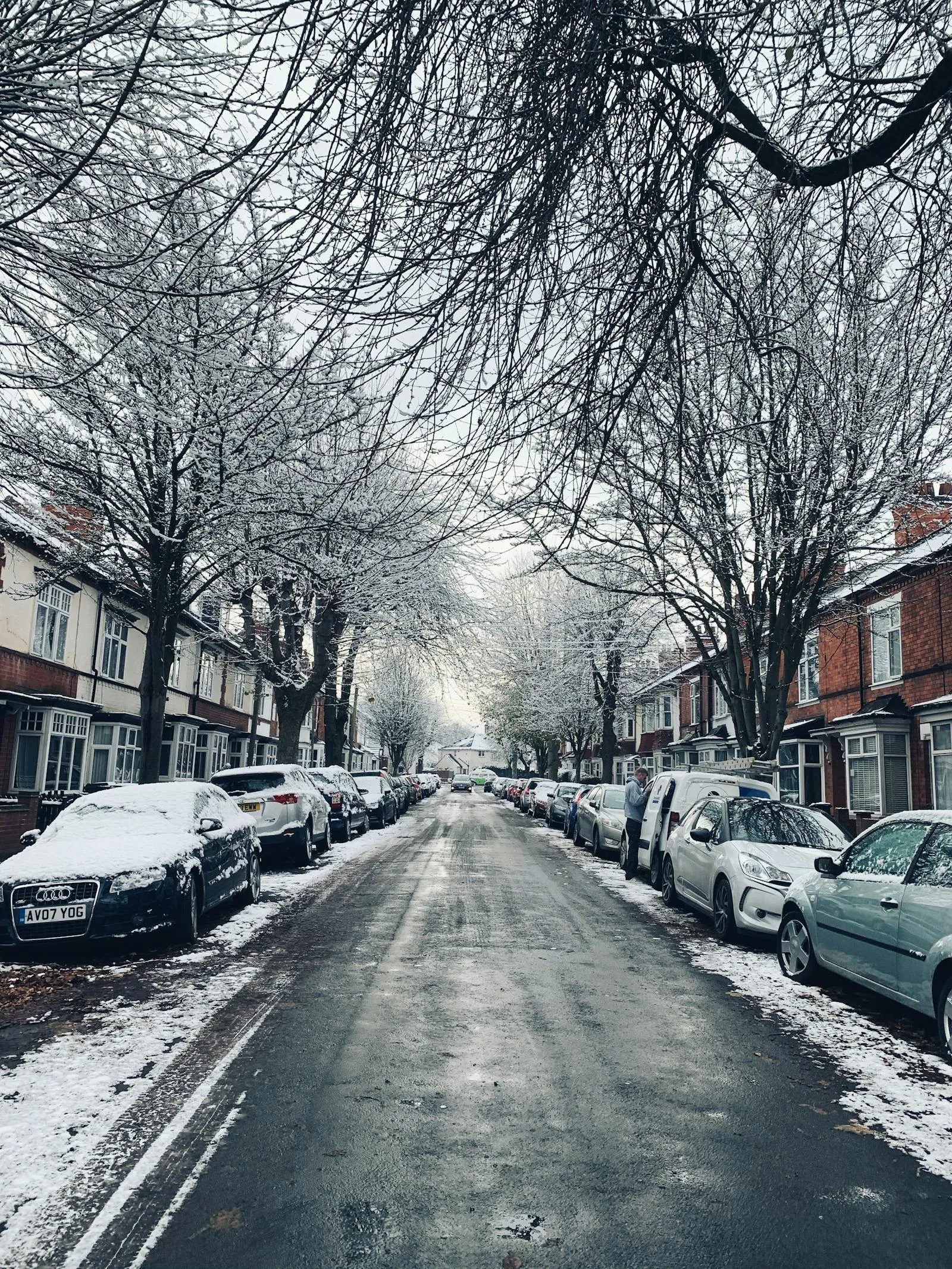 A snow-dusted tree-lined Victorian terraced street in a UK inner suburb — period housing stock typical of the kind found across Leicester's older neighbourhoods